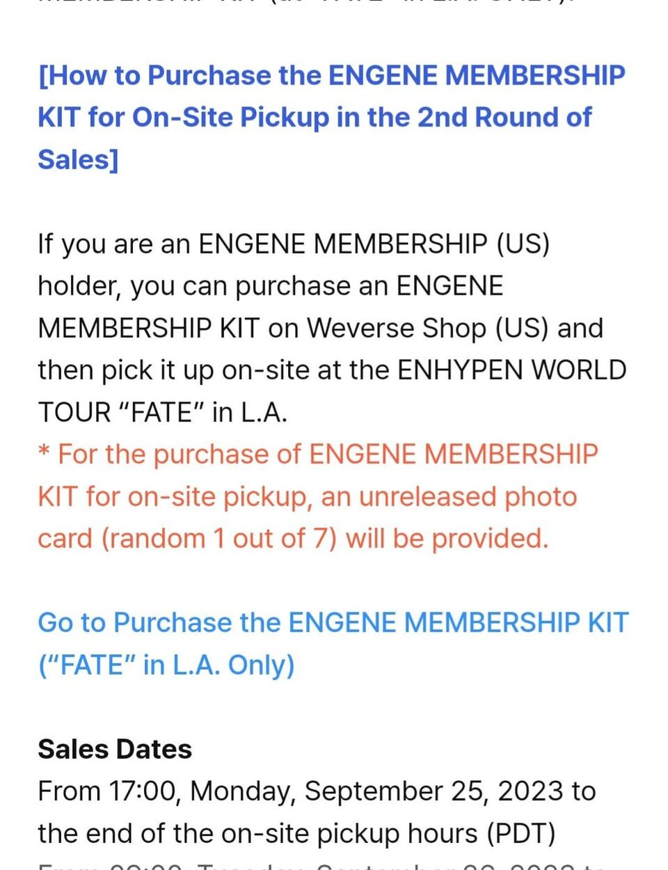 230926 [NOTICE] Information on the 2nd Round of Sales and On-Site Pickup of the Membership Kit at ENHYPEN WORLD TOUR “FATE” IN U.S. LA