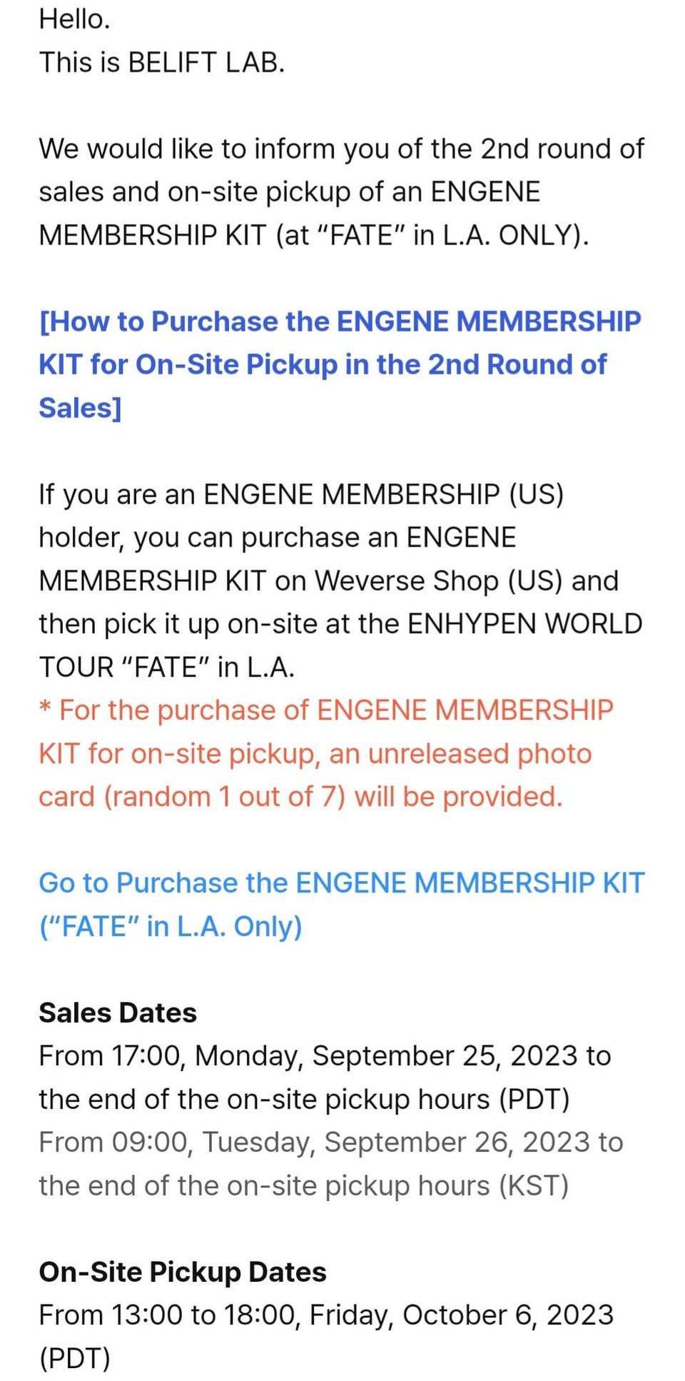 230926 [NOTICE] Information on the 2nd Round of Sales and On-Site Pickup of the Membership Kit at ENHYPEN WORLD TOUR “FATE” IN U.S. LA