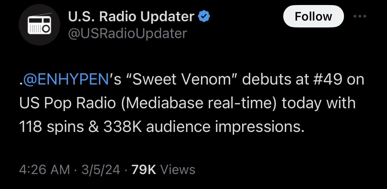 “Sweet Venom” debuts at #49 on US Radio