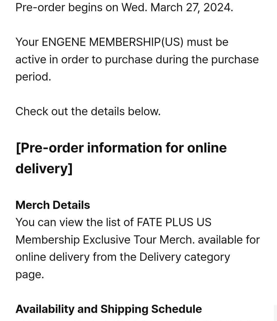 240327 [NOTICE] ENHYPEN FATE PLUS US Membership Exclusive Tour Merch. Pre-order available for online delivery and on-site pickup at Belmont Park