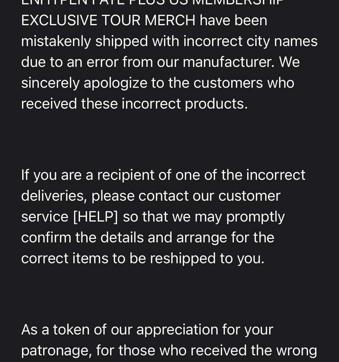 Email from Weverse shop us about fate plus jerseys