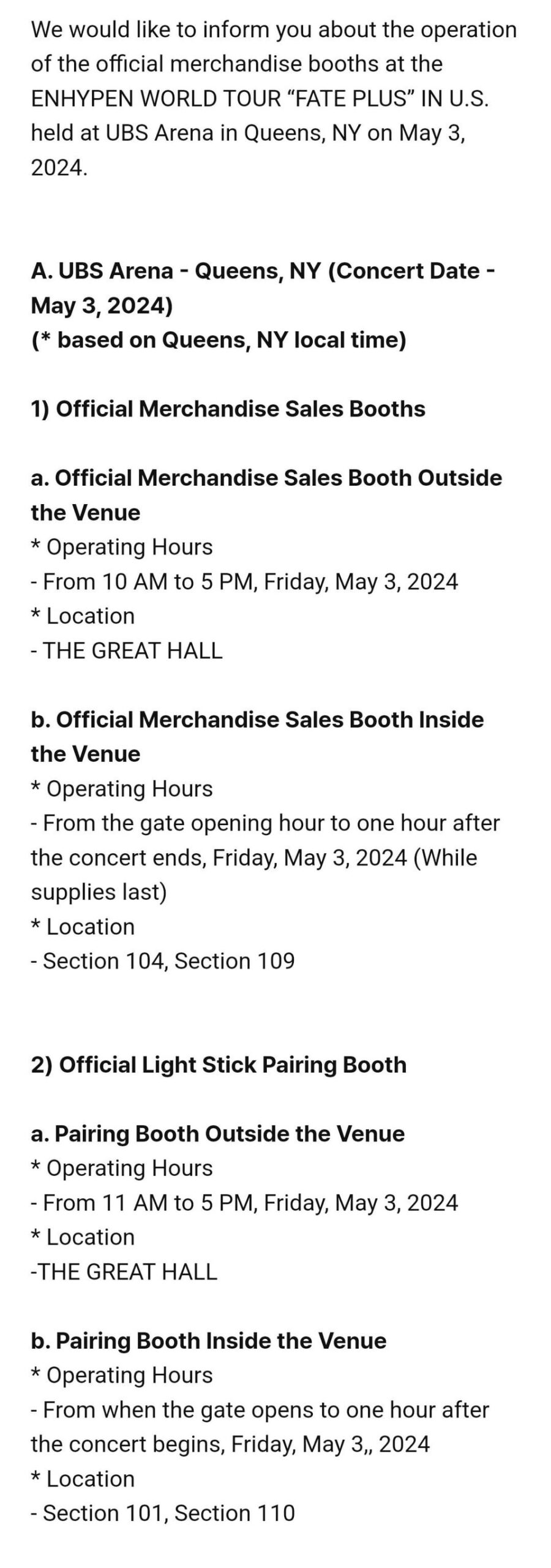 240430 [NOTICE] Information on ENHYPEN WORLD TOUR “FATE PLUS” IN U.S. (Queens) Official Merchandise Sales