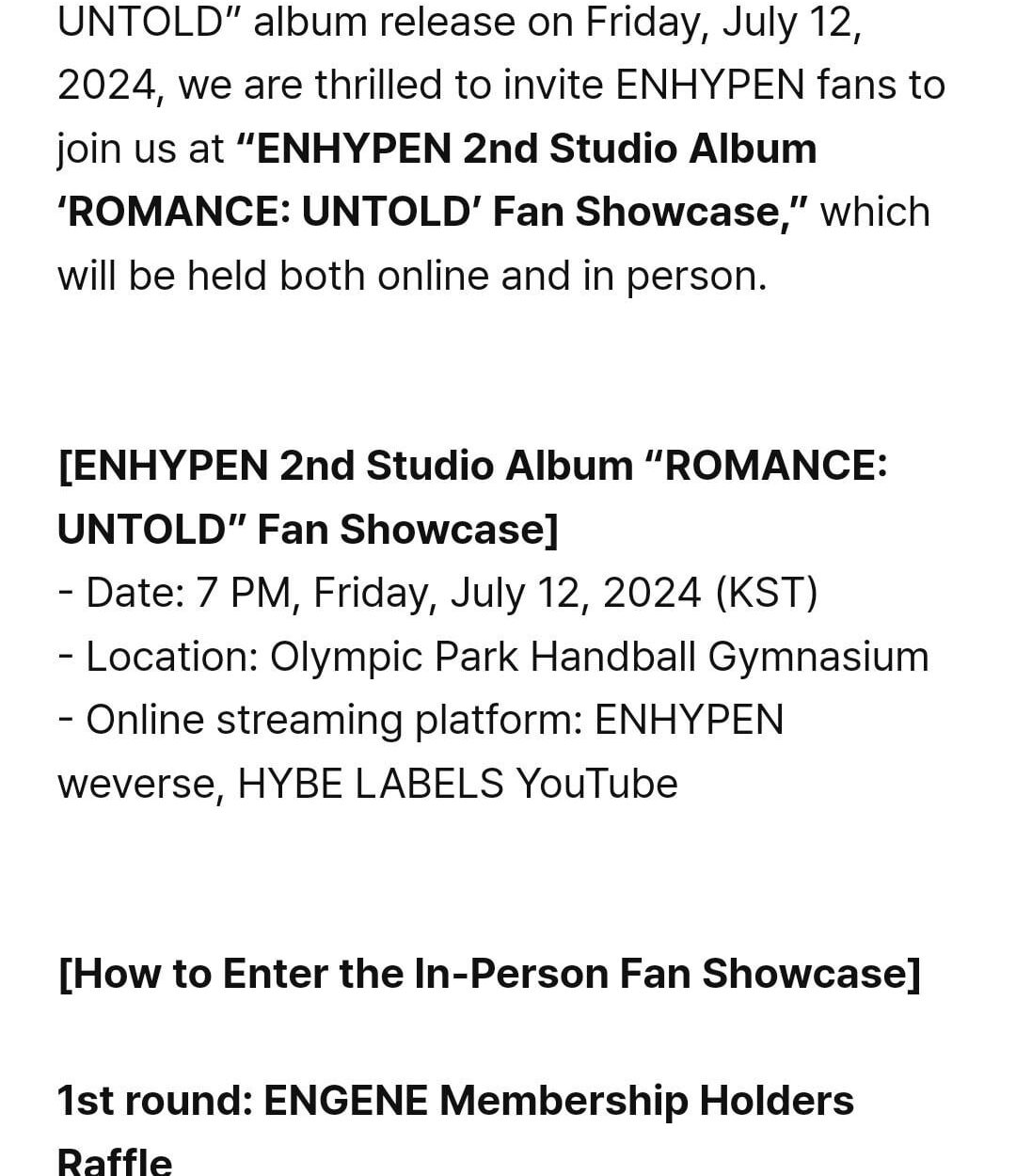 240620 [Notice] ENHYPEN “ROMANCE: UNTOLD” Album Release Fan Showcase Notice