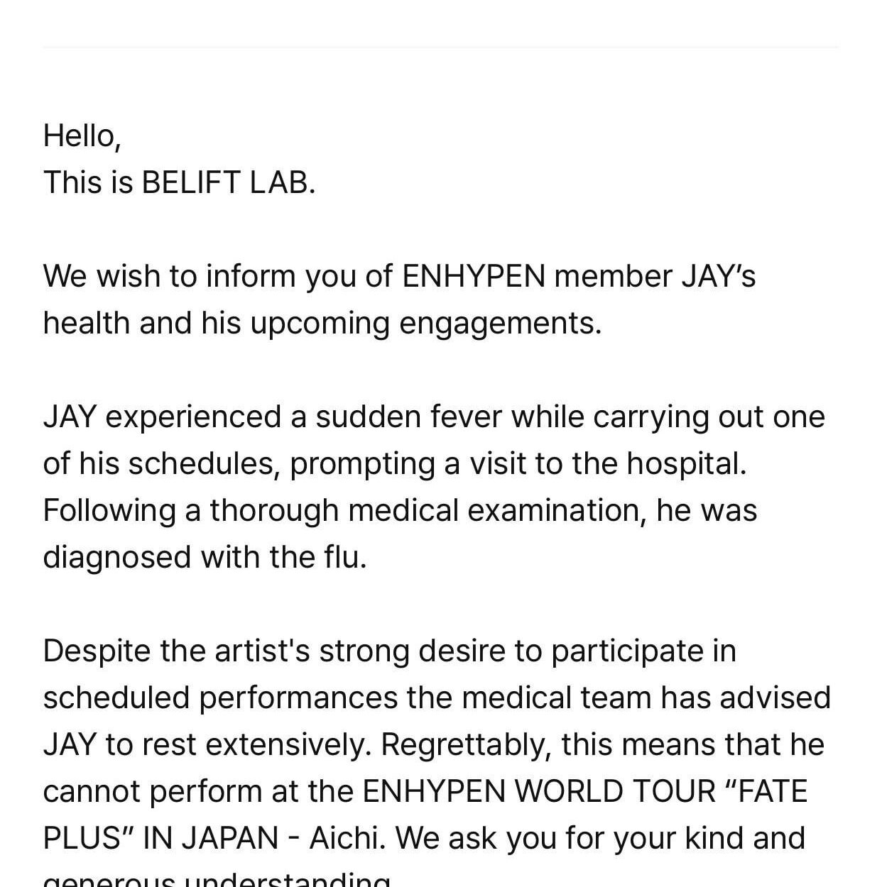 240824 Weverse: ENHYPEN JAY will not participate in scheduled performances, including the ENHYPEN WORLD TOUR “FATE PLUS” IN JAPAN - Aichi, after being diagnosed with the flu.