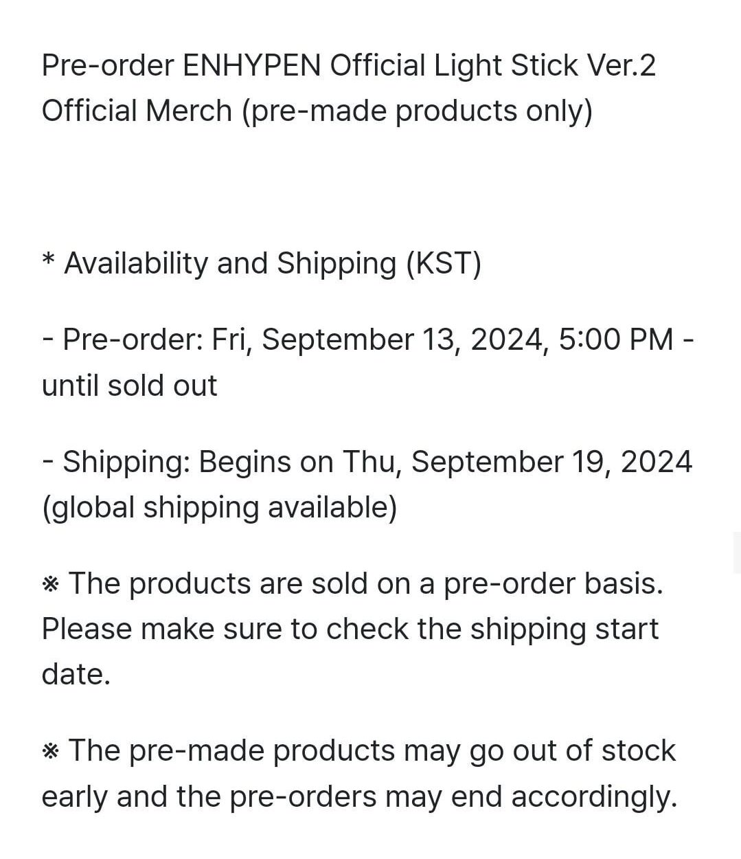 240912 Pre-order ENHYPEN Official Light Stick Ver.2 Official Merch (pre-made products only) Notice