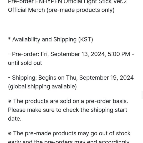 240912 Pre-order ENHYPEN Official Light Stick Ver.2 Official Merch (pre-made products only) Notice