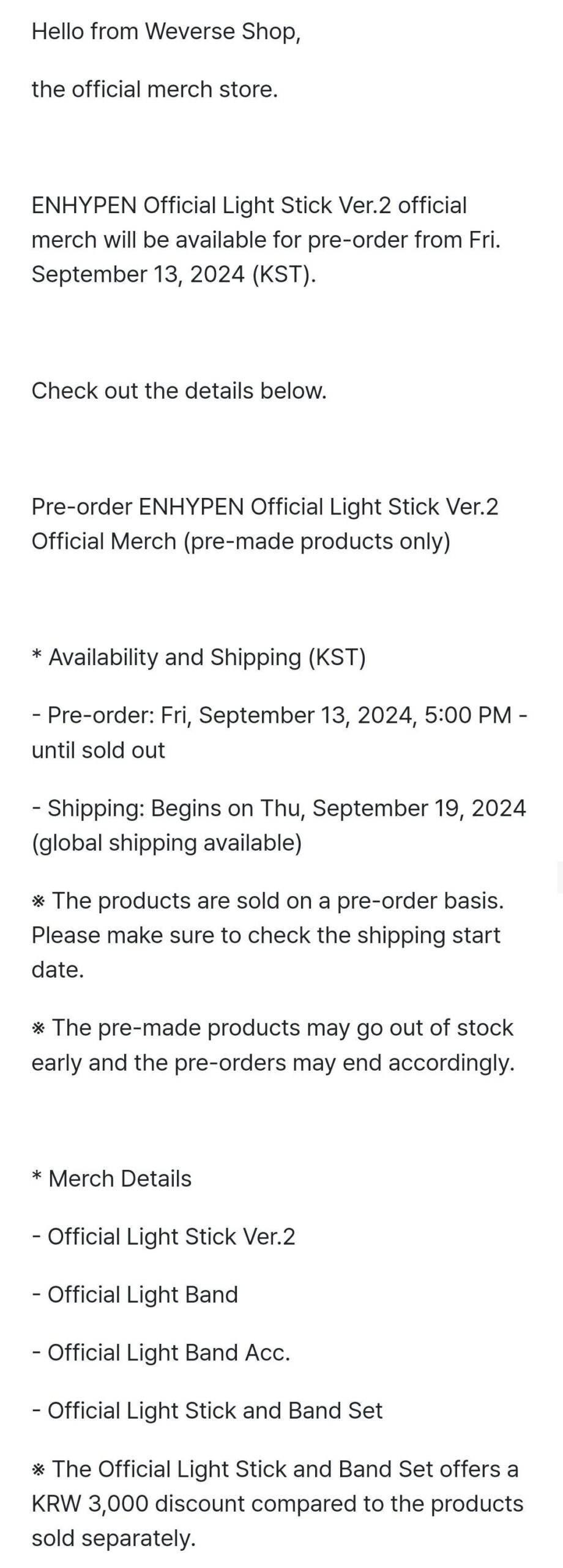 240912 Pre-order ENHYPEN Official Light Stick Ver.2 Official Merch (pre-made products only) Notice