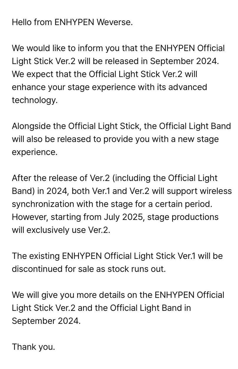 240902 [NOTICE] ENHYPEN Official Light Stick Ver.2 Coming Soon & Ver.1 Available for Purchase(+KOR/JPN/CHN)