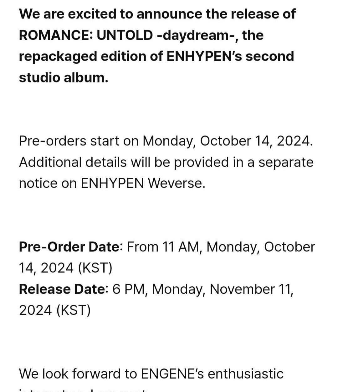 241014 [Notice] ENHYPEN ROMANCE : UNTOLD -daydream- Release