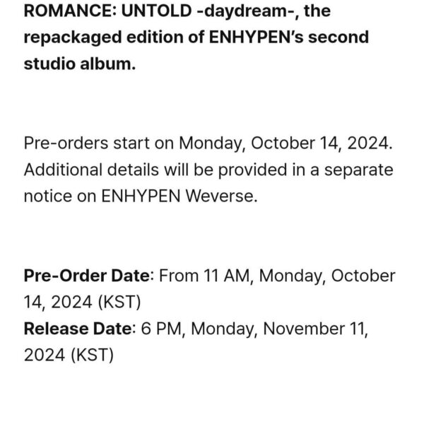 241014 [Notice] ENHYPEN ROMANCE : UNTOLD -daydream- Release